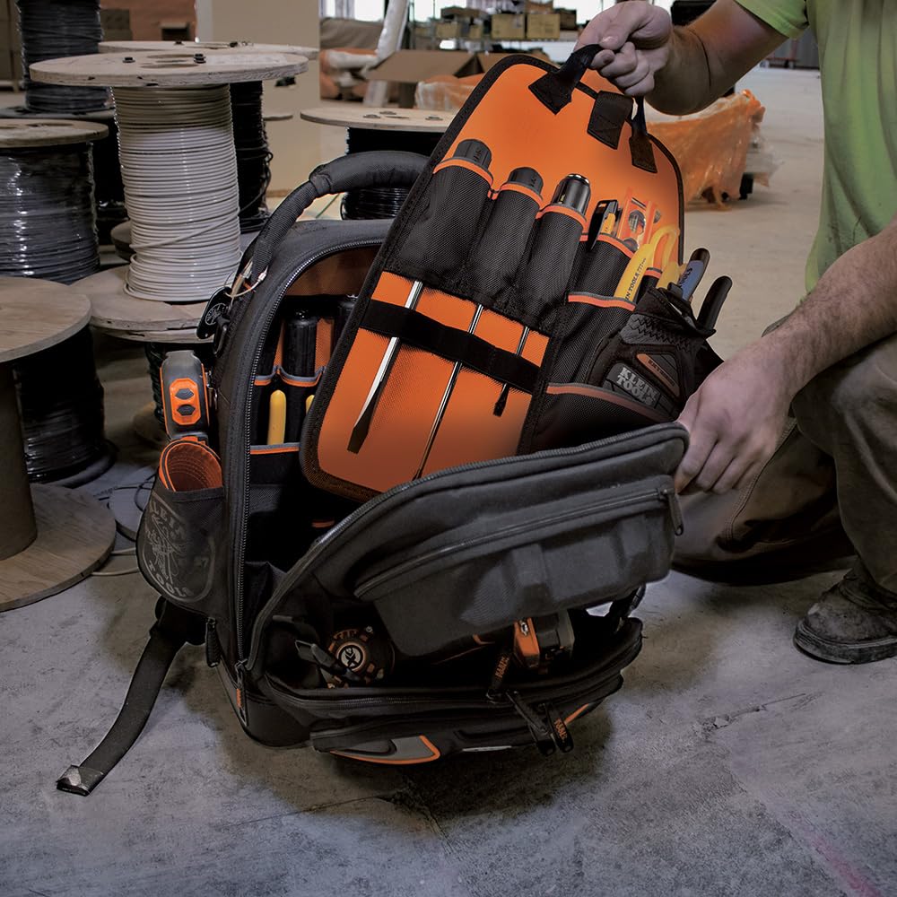 Klein Tools 55485 Professional Electrician Tool Backpack - Heavy Duty 48-Pocket Organizer with Waterproof Bottom & Removable Tool Carrier - Perfect for Construction, HVAC Work & Home DIY Projects