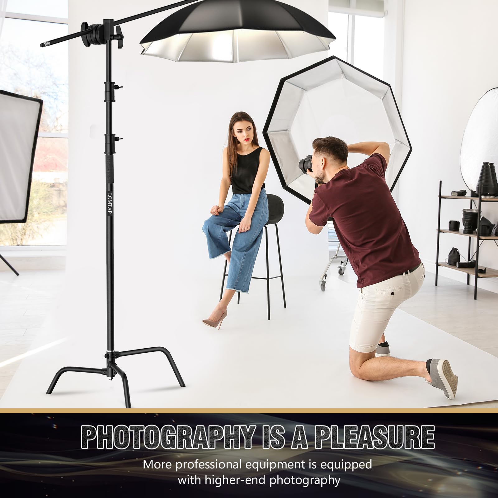 LOMTAP Heavy Duty 10.8ft C Stand with Boom Arm - Professional Stainless Steel Photography Light Stand Kit (330cm Vertical Pole, 128cm Boom Arm, Adjustable Base, Sandbag, 2 Grip Heads, 3 Clips) for Studio, Video, Photography, Softbox & Reflector Setup