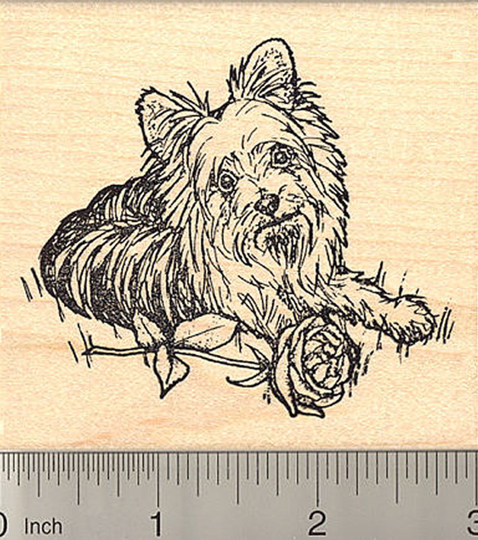 Yorkshire Terrier Rubber Stamp - Handcrafted Yorkie Dog with Rose Design - Perfect for Valentine's Day Cards, Scrapbooking & DIY Crafts
