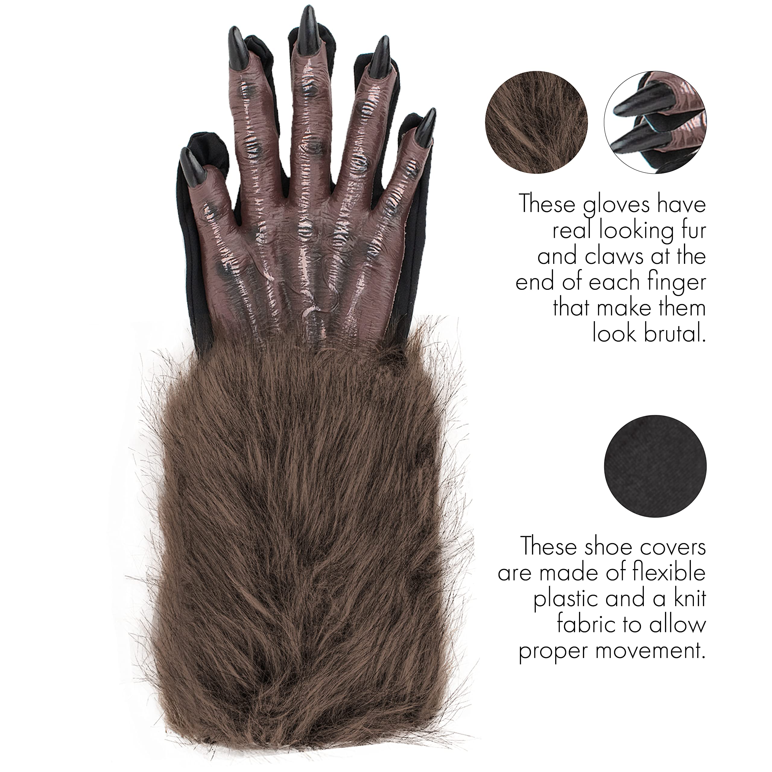 Skeleteen Werewolf Hand Costume Gloves - Brown Hairy Wolf Claw Hands Paws for Kids & Adults | Monster Halloween Cosplay Accessories | Perfect for Costume Parties, Trick or Treat, and Themed Events