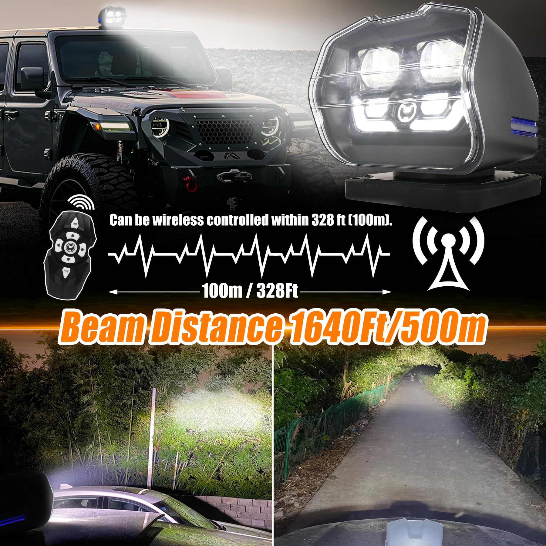360° Rotating LED Search Light with Wireless Remote Control - Strong Magnetic Base & Permanent Mount - Auto-Search Truck Spot Light for Marine, Boat, SUV, Farm, Off-Road & Emergency Use - Waterproof & Durable for Outdoor Adventures