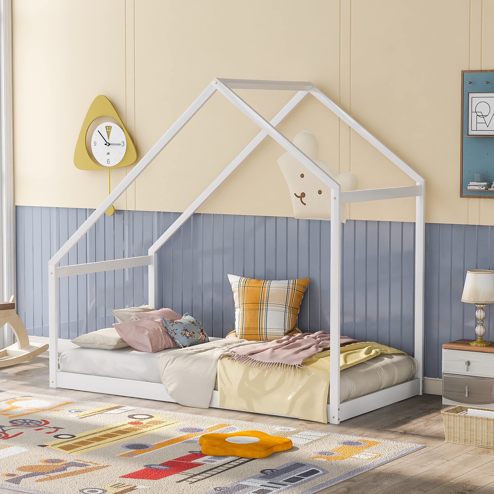 SOFTSEA Twin Kids Bed Frame with Tent - Easy Assembly White for Playroom & Bedroom