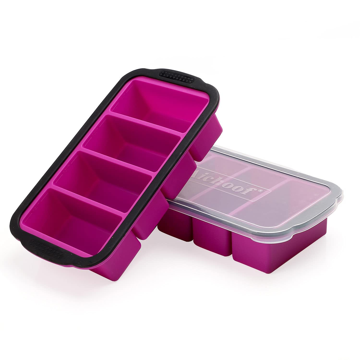 1-Cup Extra Large Silicone Freezer Tray with Lid - 2 Pack Purple Ice Cube Trays for Soup, Broth, Sauce, Butter - Perfect for Meal Prep, Freezing Leftovers & Cocktail Ice Cubes