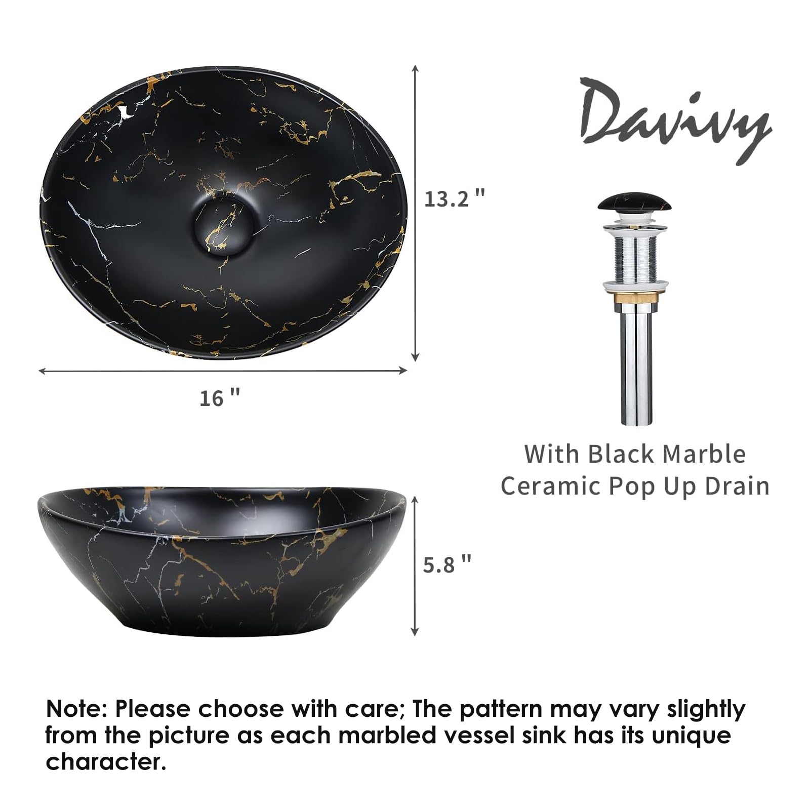 Davivy 16'' Matte Black Oval Vessel Sink - Ceramic Countertop Bathroom Sink for Modern Vanities