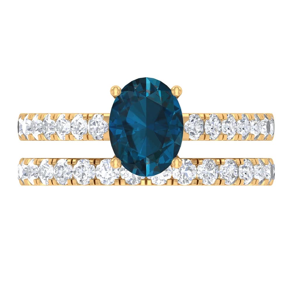 2.25 CT London Blue Topaz & Moissanite Wedding Ring Set in 14K Solid Gold - Elegant Bridal Ring Set with Matching Band for Engagement, Anniversary & Special Occasions
