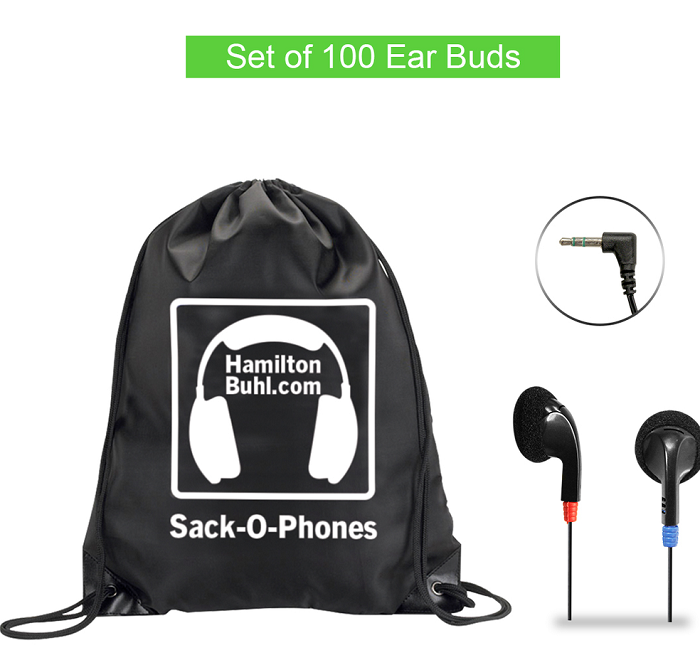 HamiltonBuhl Sack O Phones Bulk Earbuds - 100 Pack Disposable Headphones for Schools, Gyms, and Events - Perfect for Classroom, Fitness Classes, and Group Activities
