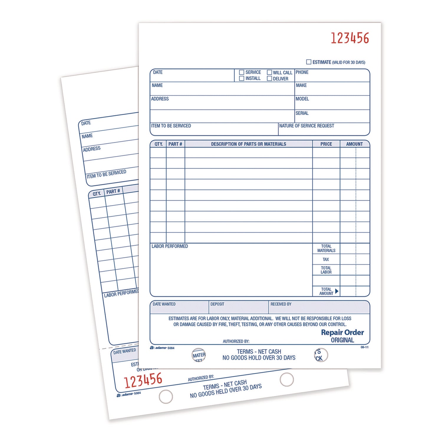 Adams® Multipart Repair Order Pad - 2-Part Carbonless, 5.56