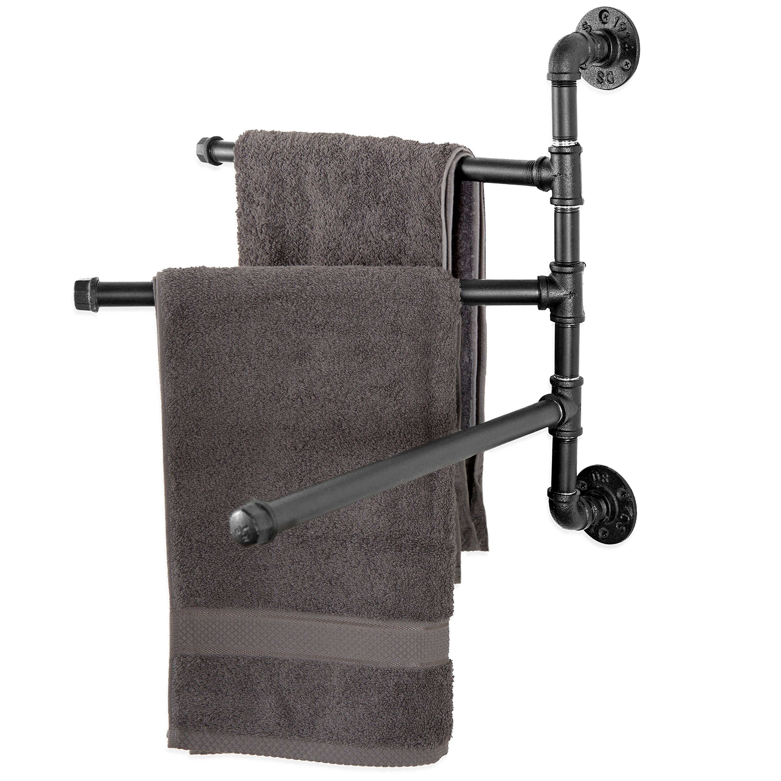 MyGift Black Metal Industrial Pipe Wall Mounted Swivel 3-Bar Towel Rack - Rustic Bathroom Storage for Towels & Robes - Perfect for Small Spaces, Apartments & Farmhouse Style Decor