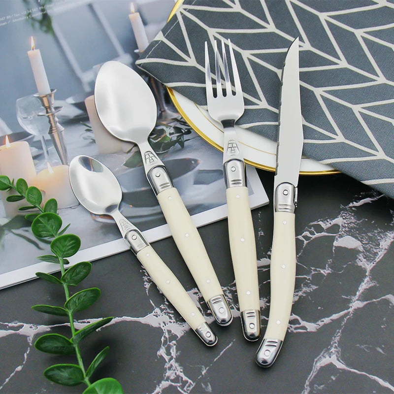 Premium Ivory Laguiole Flatware Cutlery Set - 12-Piece Stainless Steel Knife Fork Spoon Set for Fine Dining, Wedding Gifts & Elegant Table Settings