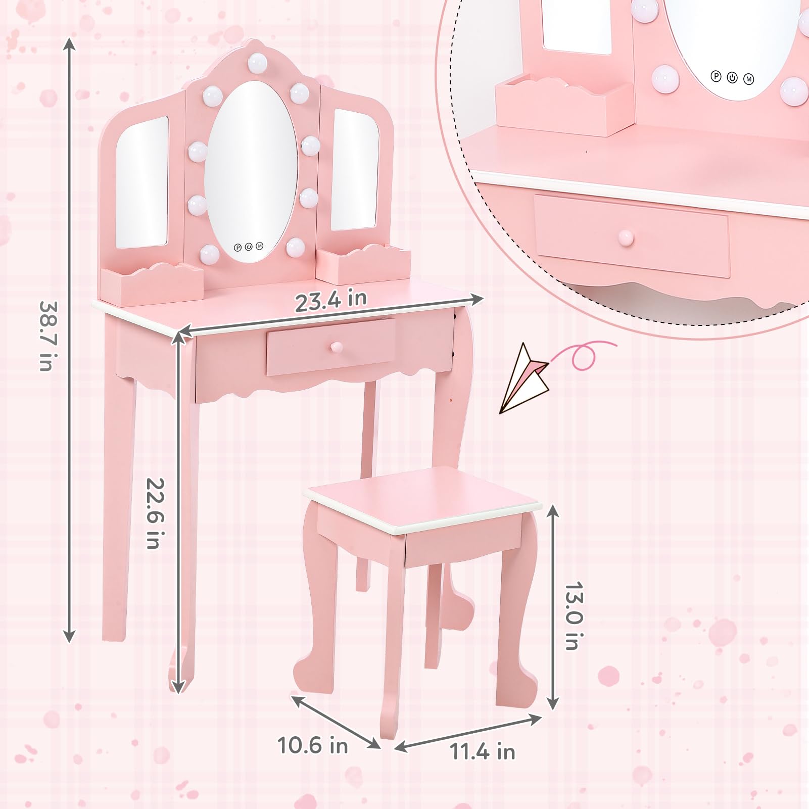 Kids Vanity Set with 3 Mirrors & Drawer - Wooden Makeup Playset with Lights for Girls Ages 4-9 | Pretend Play Dress-Up Toy | Birthday Gift for Toddlers & Preschoolers (Pink)