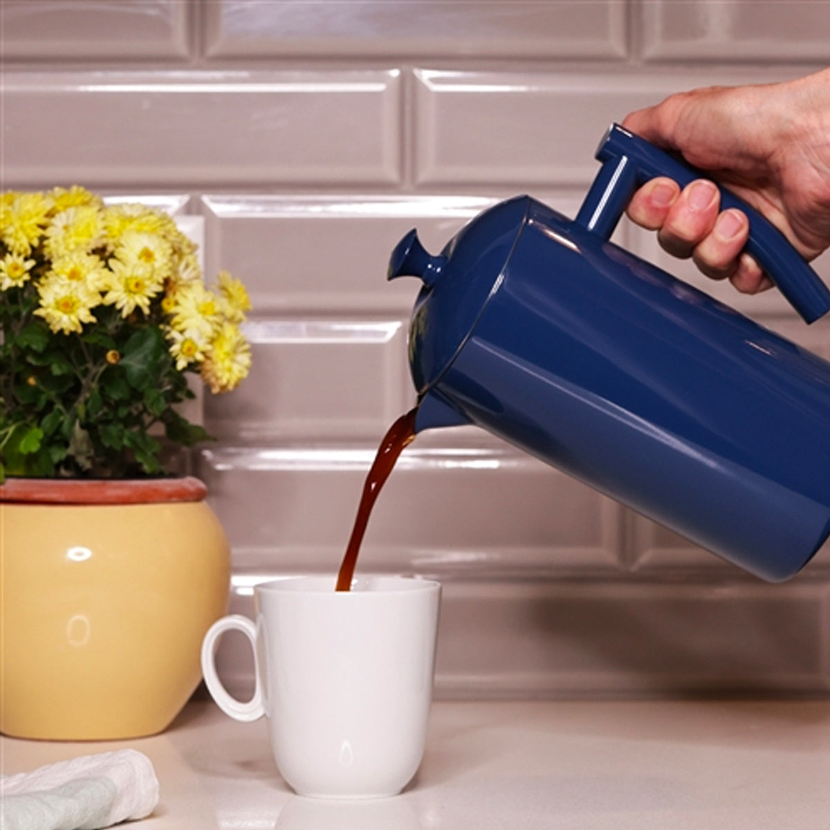 Frieling 34oz Stainless Steel French Press Coffee Maker - Double Wall Vacuum Insulated, Keeps Coffee Hot for Hours, Navy Blue #7002 - Perfect for Home, Office, Camping & Travel