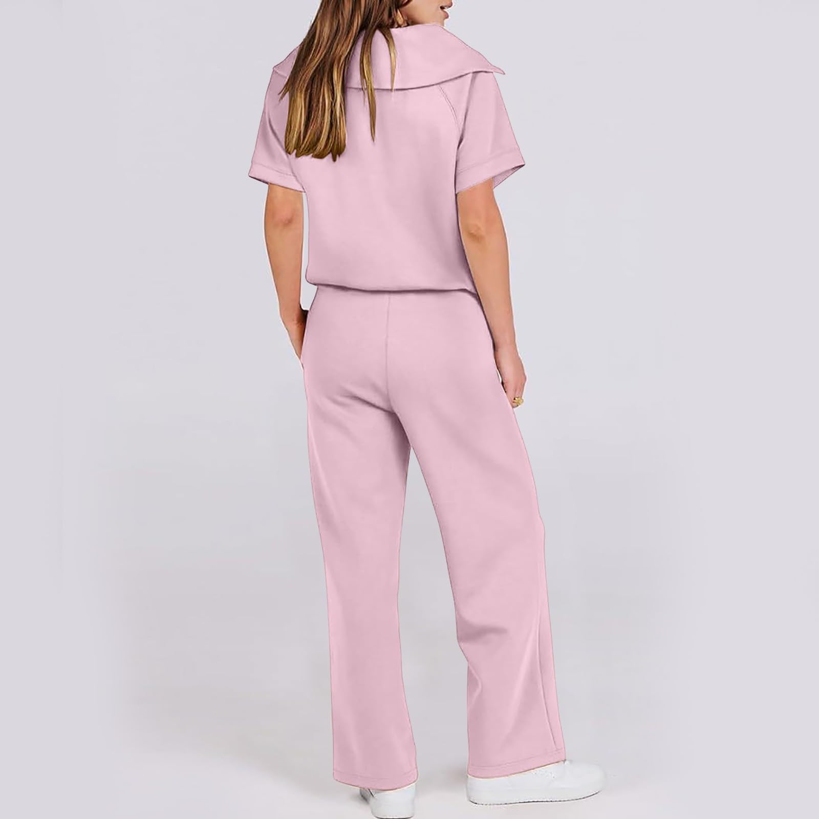 2 Piece Women's Summer Lounge Set - Cotton Quarter Zipper Tops & Drawstring Wide Leg Pants for Beach, Vacation & Casual Wear