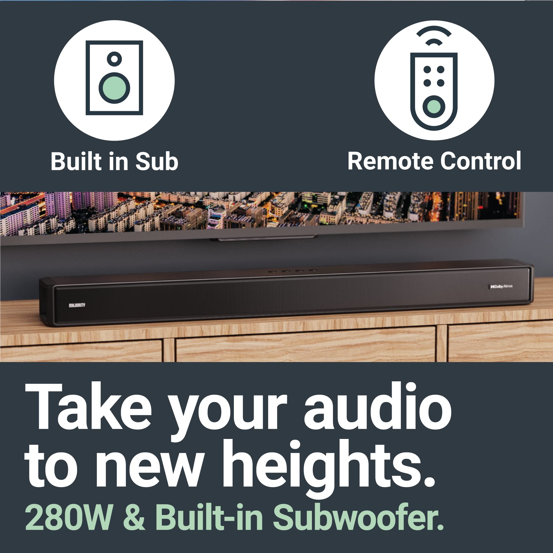 Majority Dolby Atmos Soundbar for TV - 280W Bluetooth Wireless Sound Bar 2.0.2 with HDMI ARC & Up-Firing Surround Speakers | Crystal Clear Audio for Movies, Gaming & Music | Perfect for Living Room & Home Theater Systems