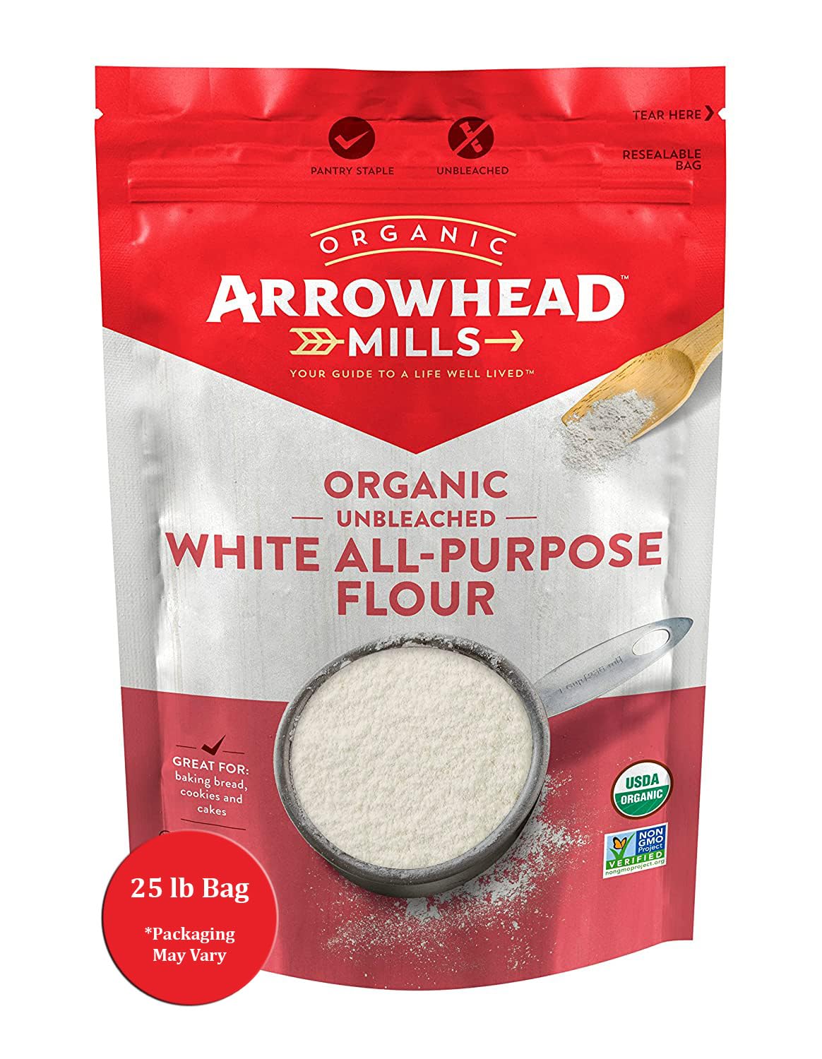 Organic Arrowhead Mills Unbleached White Flour - 25 lb Bag | 95% Organic, Non-GMO, All-Purpose Baking Flour for Bread, Cakes & Pastries | Perfect for Home Bakers & Professional Chefs