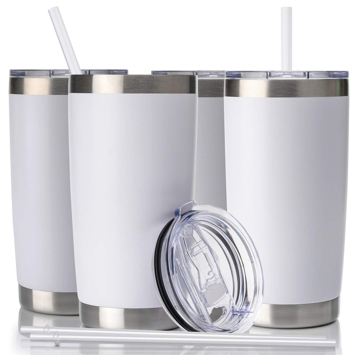 CIVAGO 20oz Stainless Steel Vacuum Insulated Tumbler with Lid & Straw - Double Wall Powder Coated Travel Mug for Coffee, Tea & Cold Drinks (White, 4 Pack) - Perfect for Office, Gym, Camping & Road Trips