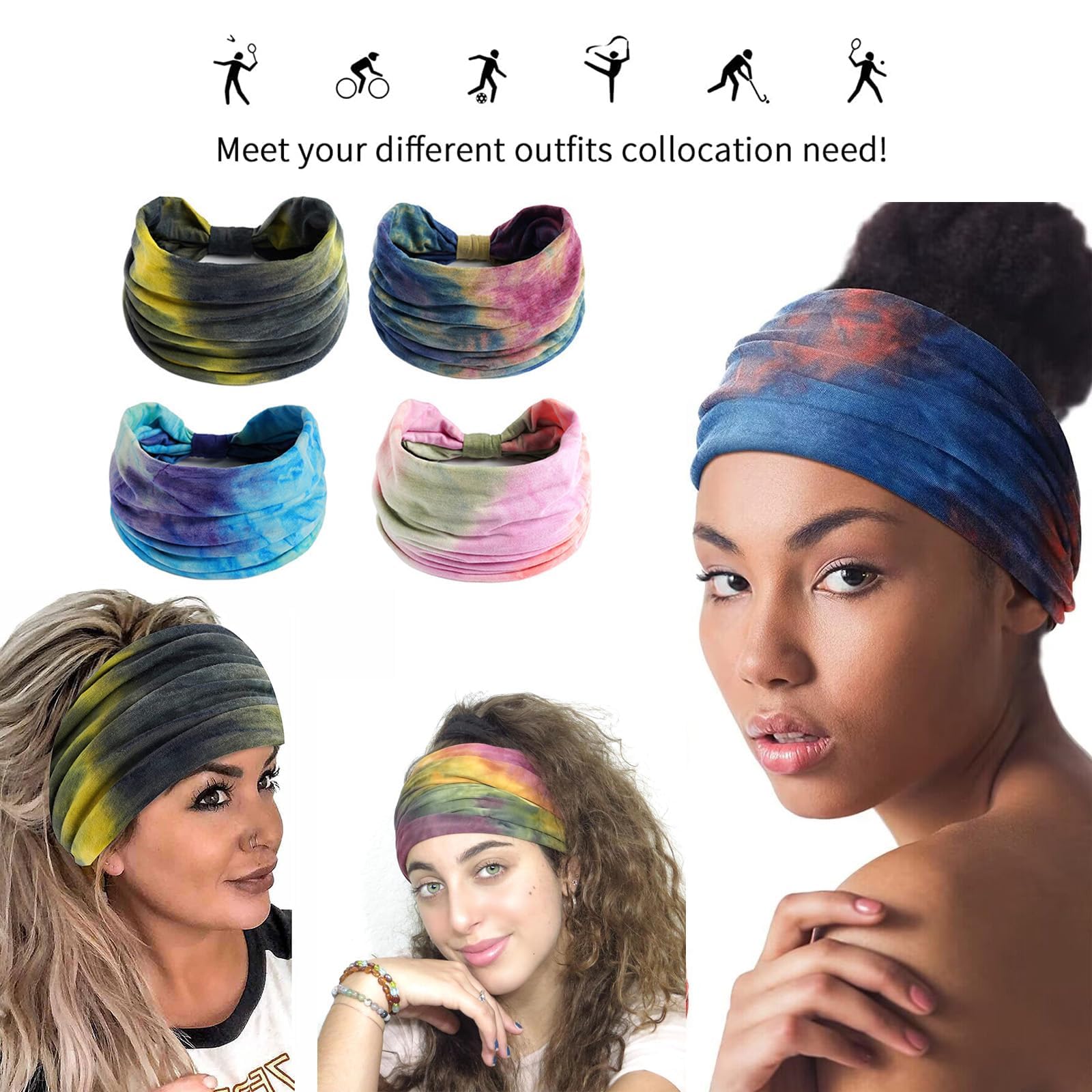 4pcs Wide Non-Slip Elastic Headbands for Women – Fashion African Knot Turban & Sport Sweat Hair Bands – Perfect for Yoga, Running, Gym & Everyday Styling