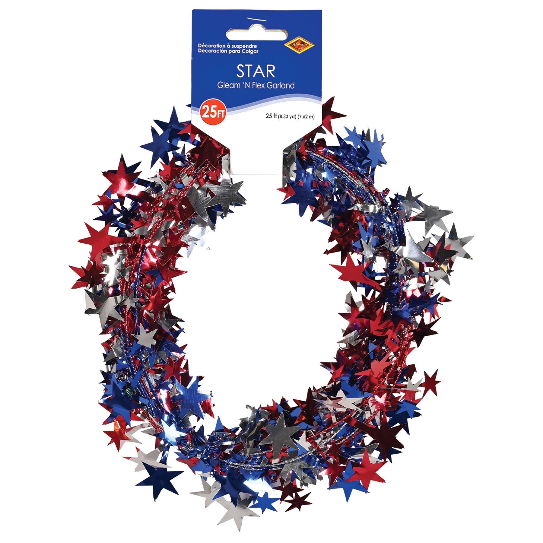 12 Pack Beistle Gleam 'N Flex Star Party Garland - Red, Silver, Blue Wire Decorations for Christmas, Birthday, Wedding & Holiday Celebrations