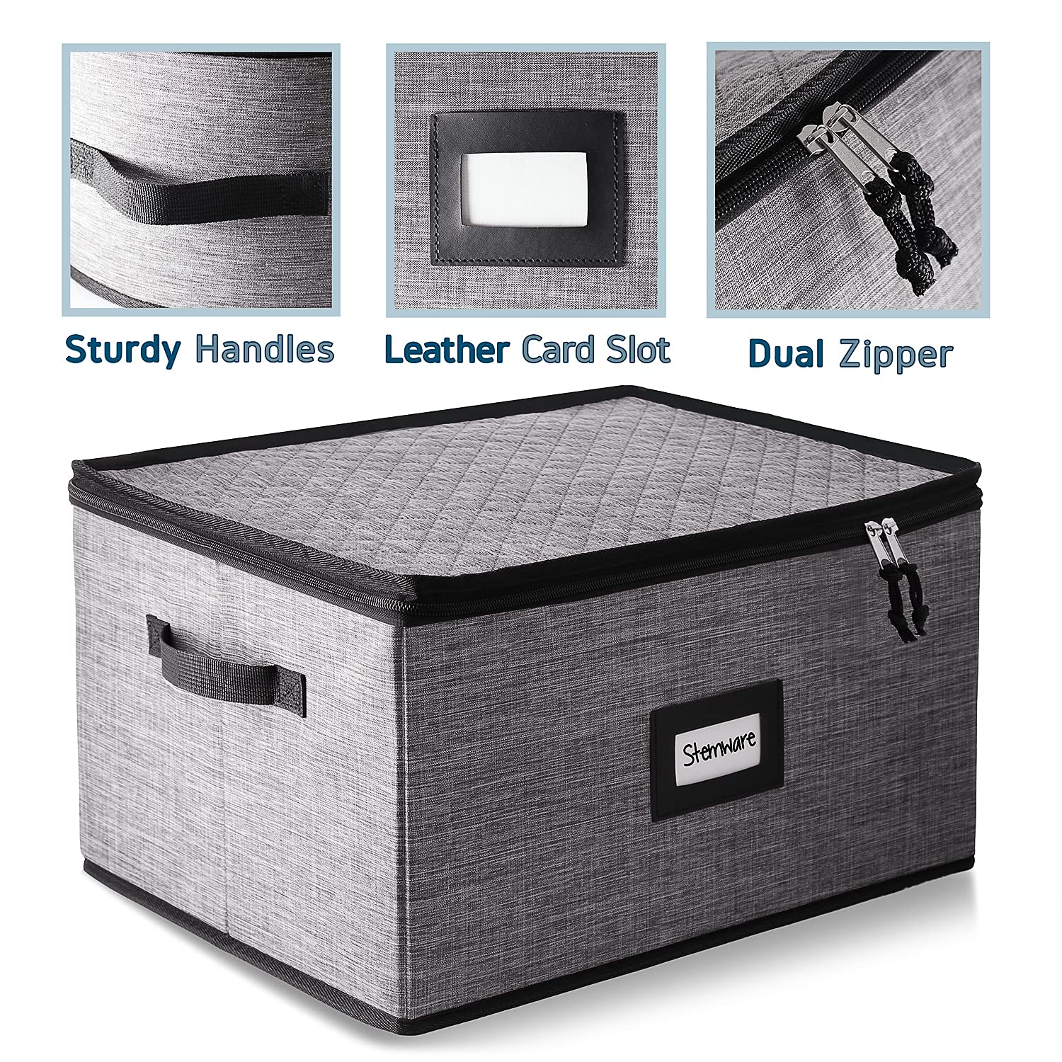 Premium 2-Pack Stackable Wine Glass Storage Box with Dividers - Holds 12 Stemware Glasses, Hard Shell Quilted China Storage Containers for Moving, Seasonal Storage & Home Organization | Perfect for Kitchen, Dining Room & Party Glassware Protection