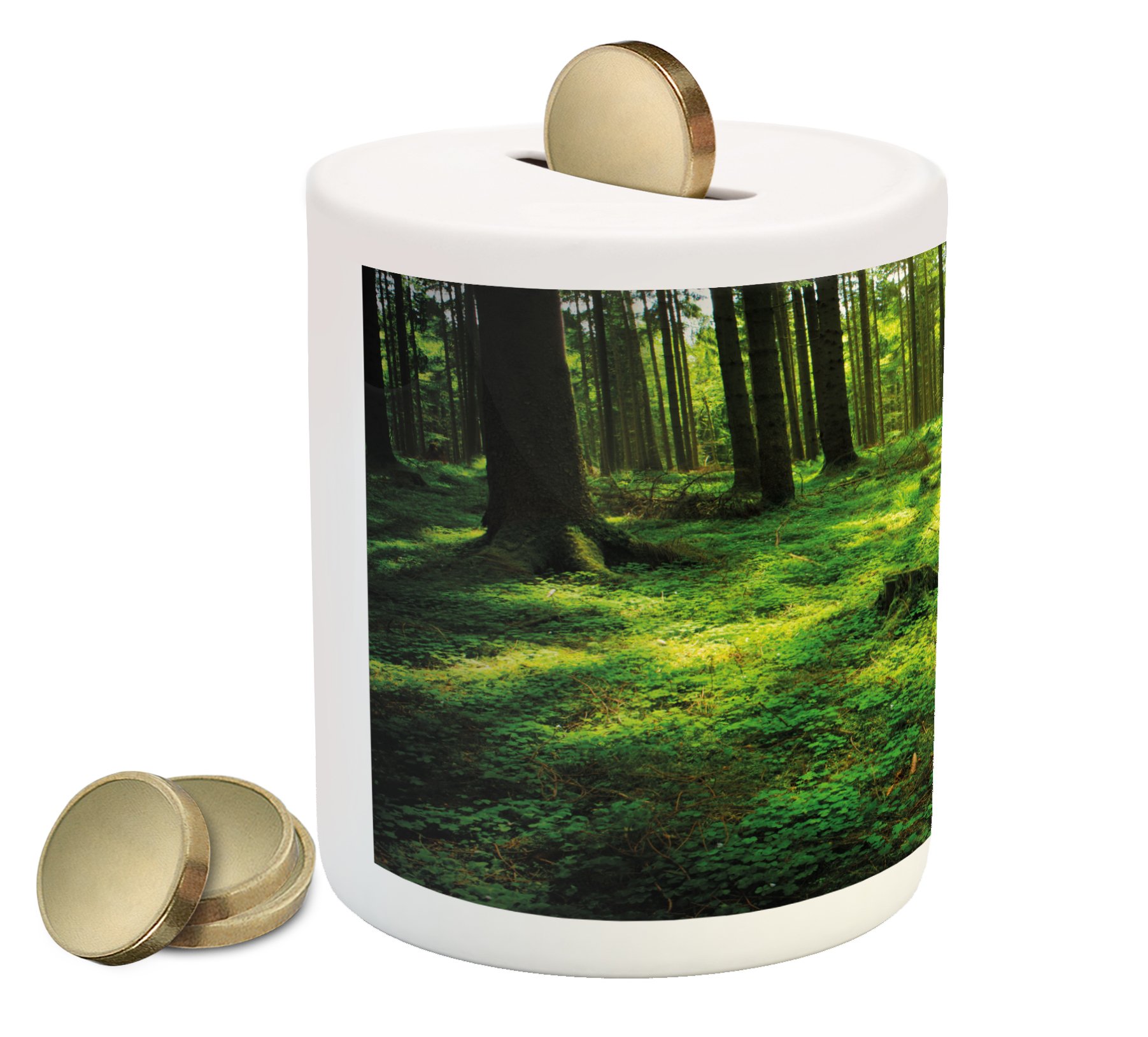 Lunarable Green Piggy Bank - Misty Summer Forest Digital Art Print Ceramic Coin Bank for Cash Saving, Forrest Green & Yellow | Perfect for Kids' Savings, Home Decor & Gift Ideas