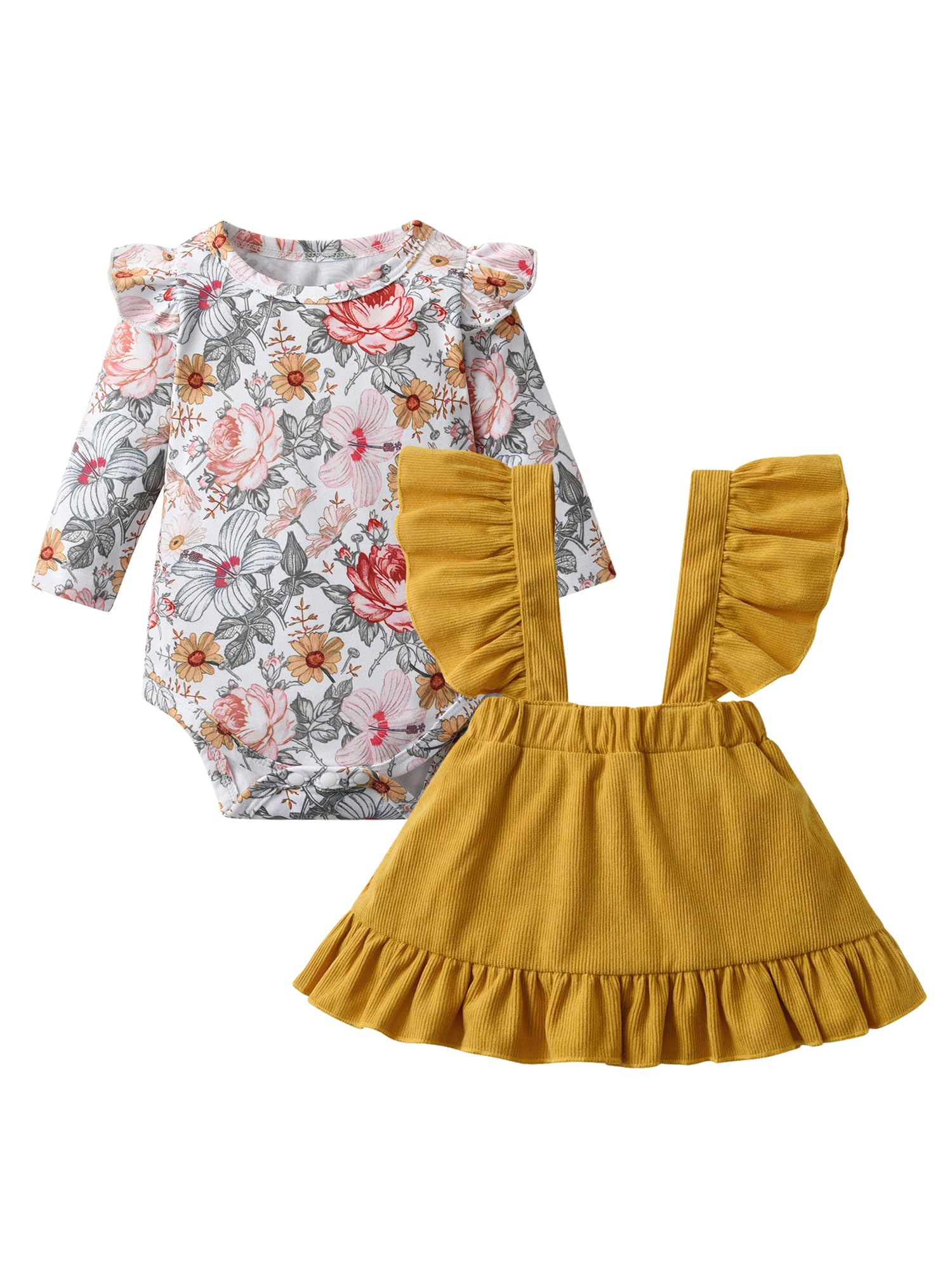 Newborn Baby Girl Clothes Set - Long Sleeve Floral Romper with Ruffle & A-Line Skirt Outfit | Cute Infant Dresses for Photoshoot, Birthday Party & Special Occasions