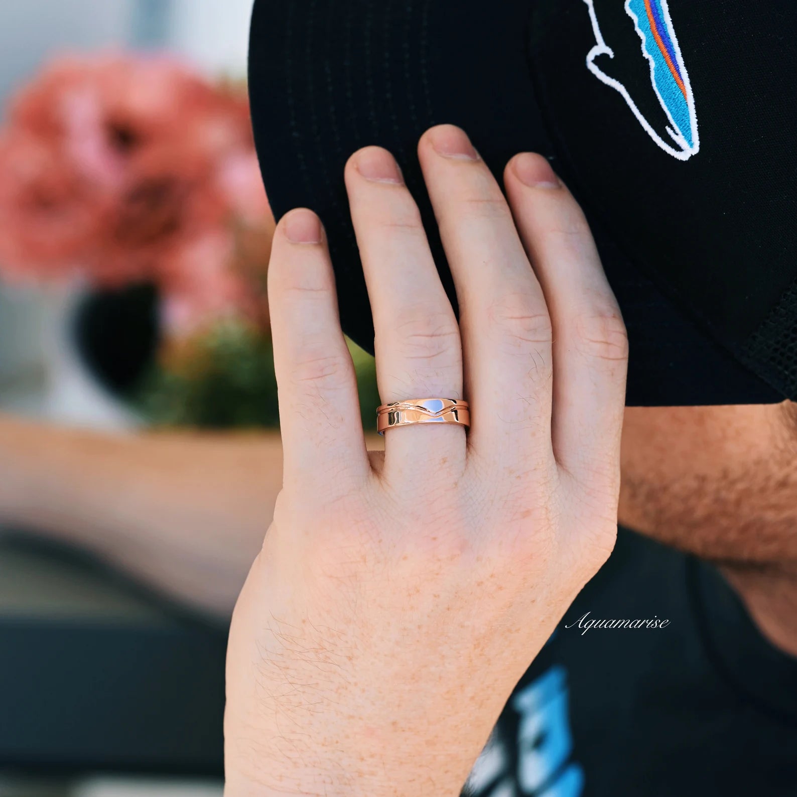 Hexagon Morganite Couples Ring - 14K Gold Plated Wedding Band for Women & Men, Romantic Anniversary Gift for Her/Him, Perfect for Engagements, Weddings & Special Occasions