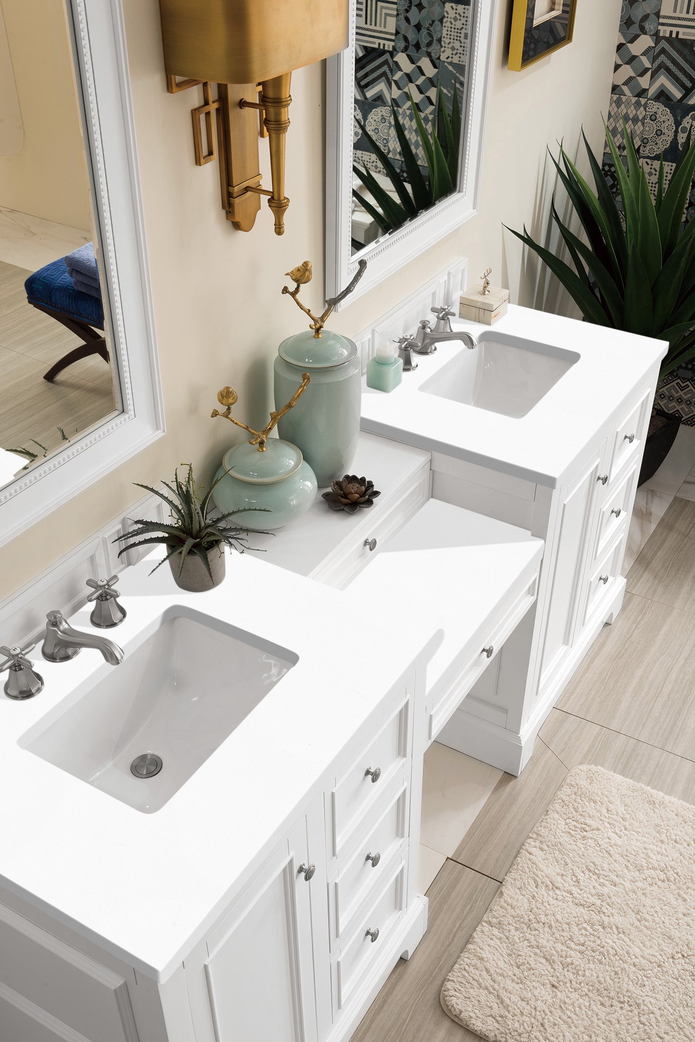 De Soto 82 Inch Double Vanity Set with Makeup Table - Bright White Finish & 3CM Classic White Quartz Countertop - Perfect for Master Bathroom, Guest Bathroom, and Modern Home Decor