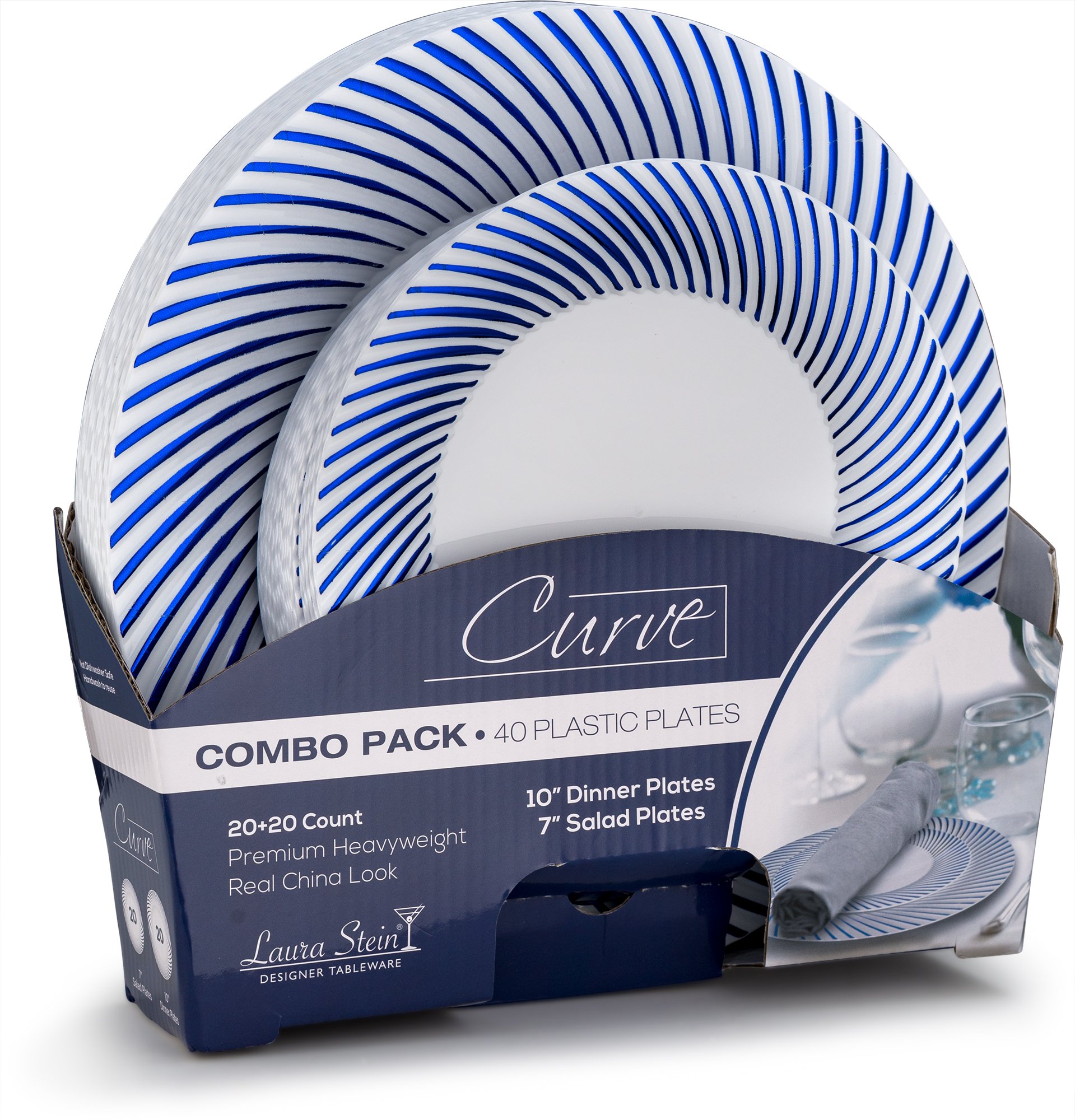 Laura Stein Designer 40-Piece Premium Plastic Dinnerware Set - White with Blue Rim (20 Dinner Plates 10.75