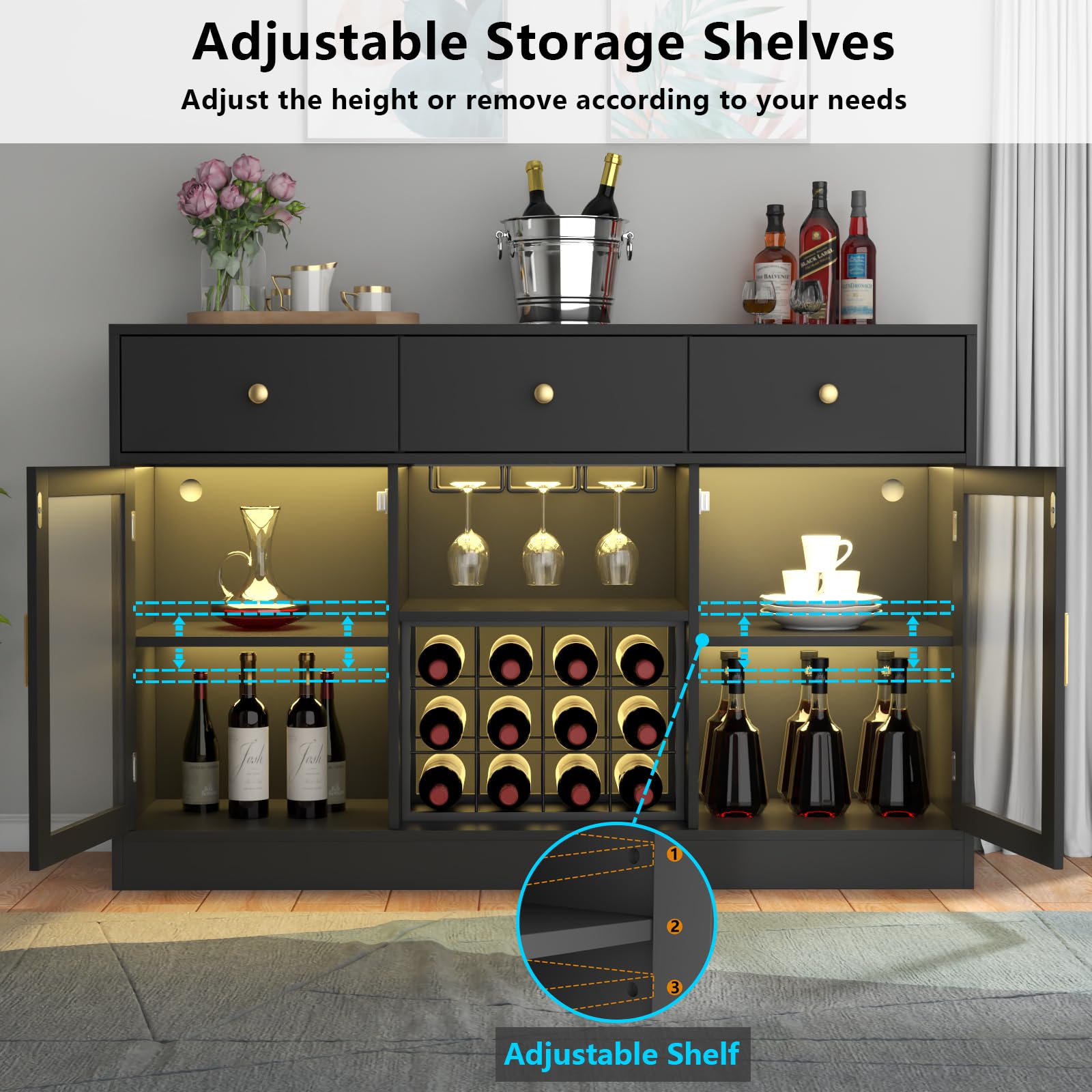 Modern Black Wine Bar Cabinet with LED Light - Home Coffee & Liquor Storage with Adjustable Shelves, Glass Door, and Wine Rack - Perfect for Kitchen, Dining Room, or Home Bar Organization