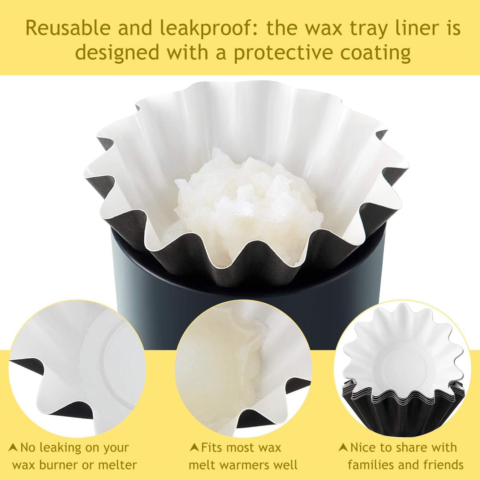 Boao Reusable Leakproof Wax Melt Liners - 50 Pack Yellow Wax Warmer Containers for Electric Plug-in Melters & Burners | Scented Candle Holders, Wax Paper Cups | Perfect for Home Aromatherapy, Spa Relaxation & Gift Giving