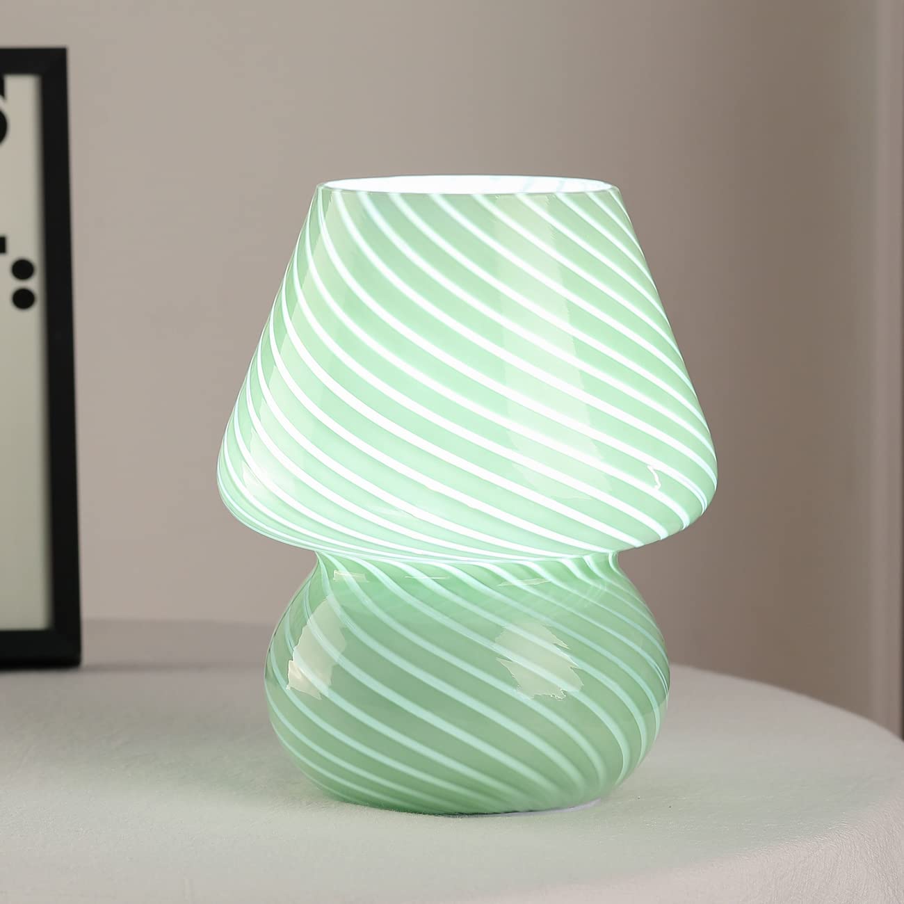 Modern Mushroom Glass Table Lamp - 3 Color Modes LED Nightstand Light, Small Decorative Bedside Lamp for Bedroom & Living Room, Perfect Gift (Green Stripe) | Ideal for Cozy Reading Nook, Nursery Nightlight, or Stylish Home Office Decor
