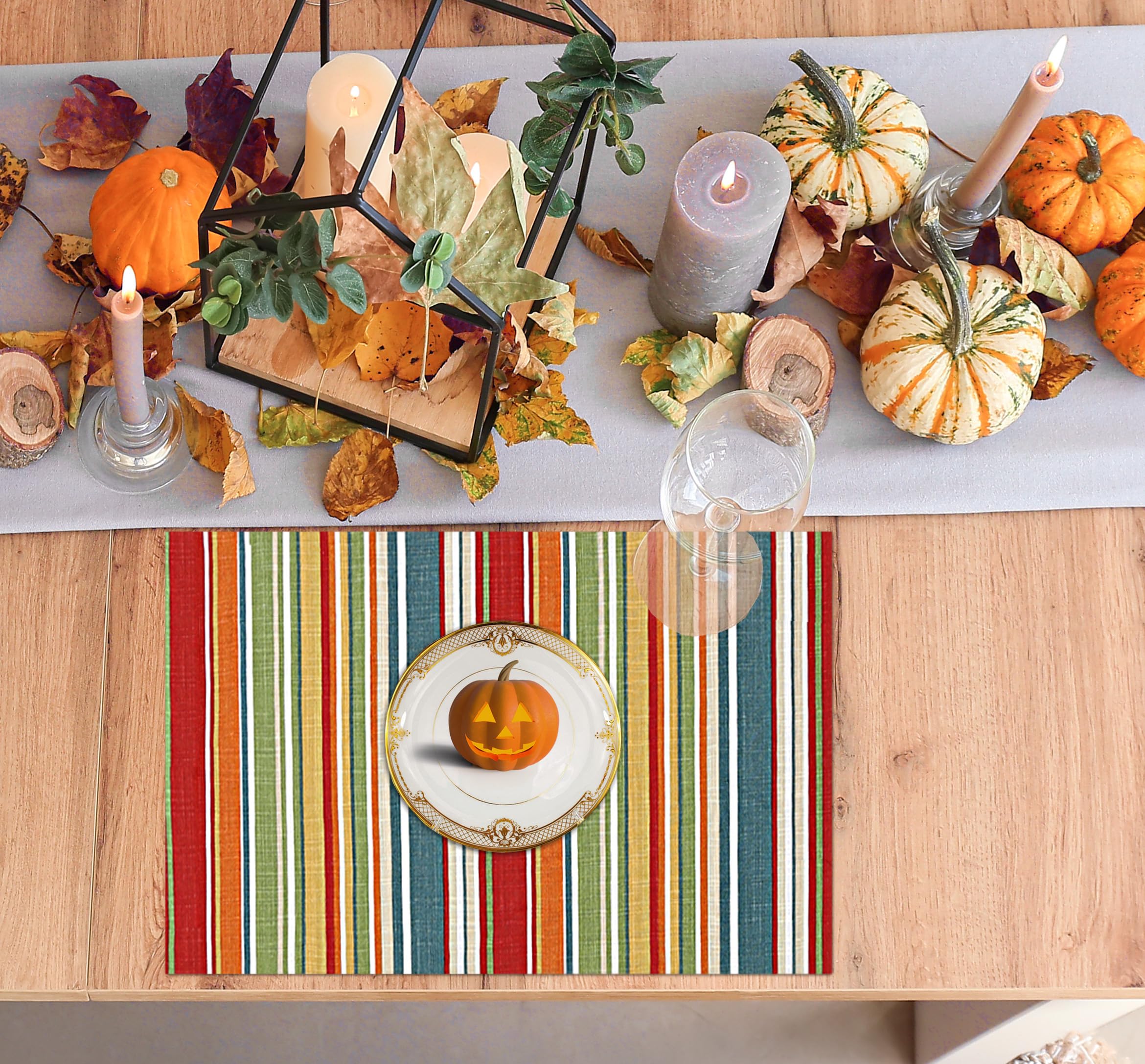 Premium Ruvanti 100% Cotton Placemats Set of 6 - 13x19 Inch Washable Dining Table Mats for Everyday Use, Holiday Dinners & Kitchen Decor | Multi-Stripe Design for Christmas, Thanksgiving & Family Gatherings