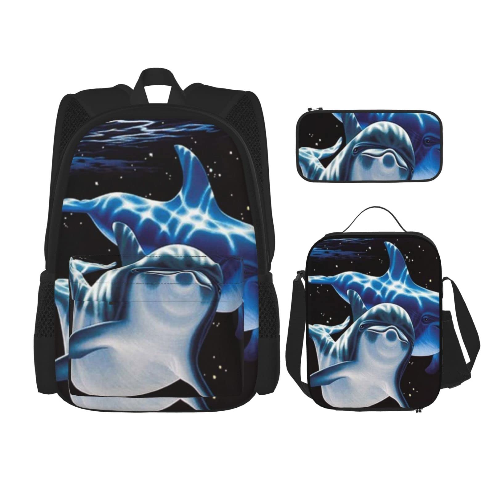 Dolphin Black School Backpack Set for Boys & Girls - Includes Lunch Box & Pencil Case - Durable Bookbag for Students - Perfect for Elementary, Middle School & Daily Use