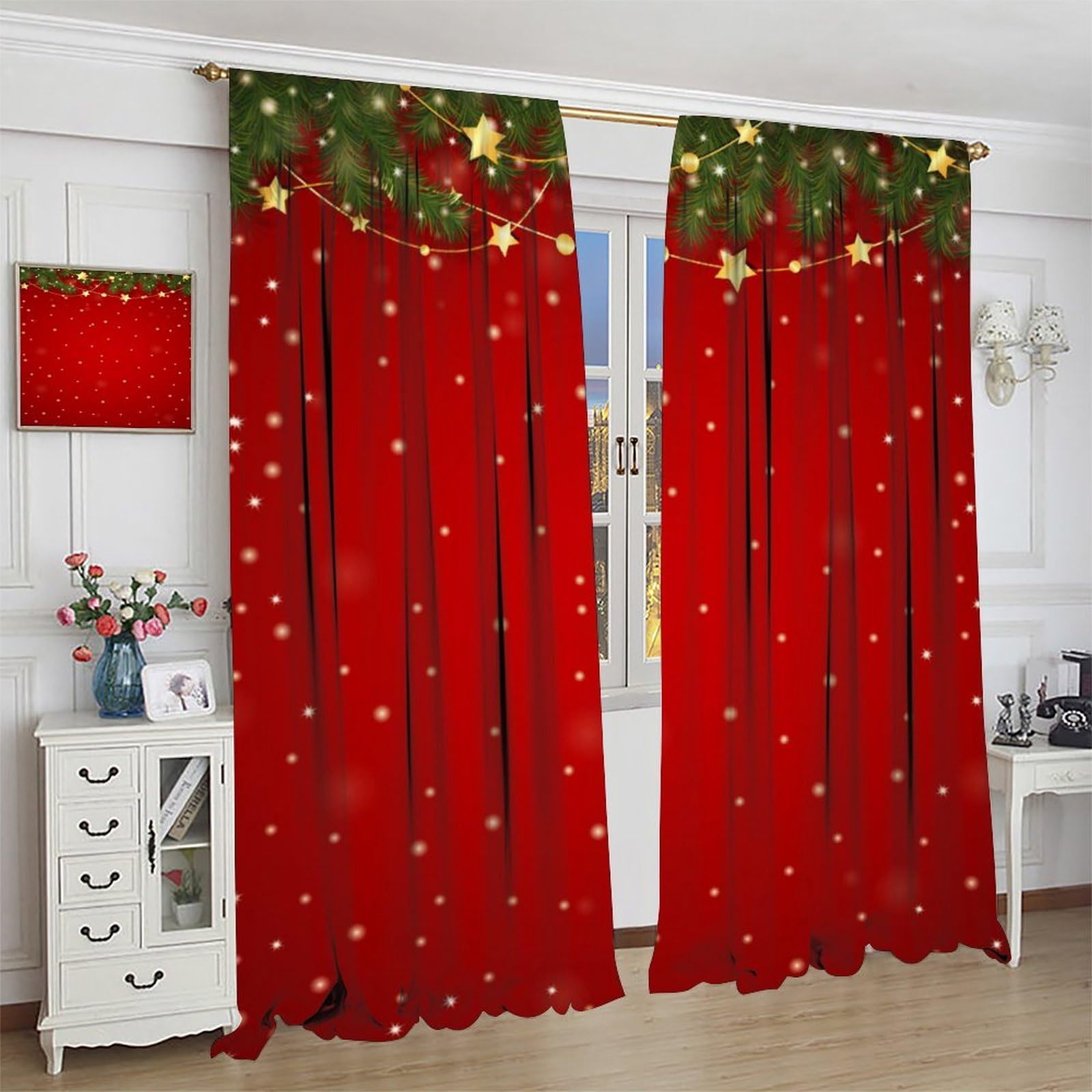 Christmas Window Curtains - Blackout Rod Pocket Curtains with Merry Christmas Red Background & Star Snowflake Pattern, 42
