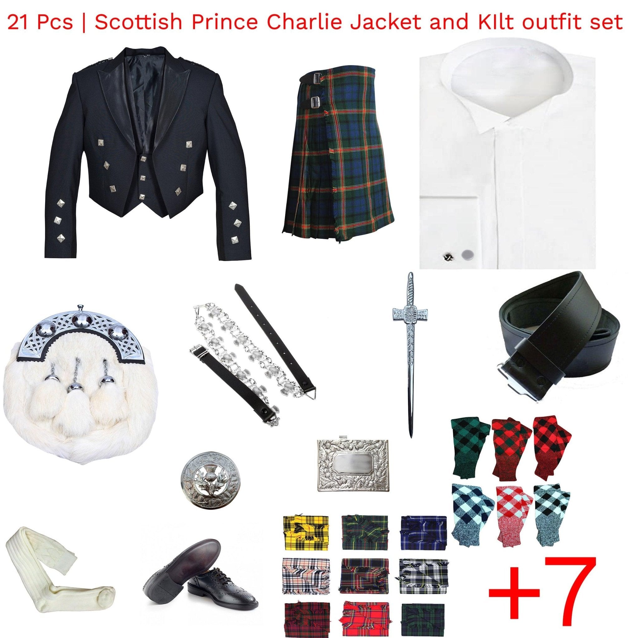 21 PCS Scottish Prince Charlie Jacket, Vest & Kilt Outfit Set - Traditional Scottish Highland Dress for Men - Perfect for Weddings, Ceilidhs & Formal Events