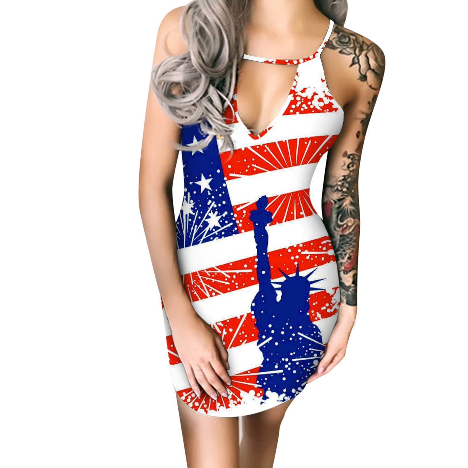 Women's Summer Dresses 2023 - Sleeveless Round Neck Floral Print Casual Dress in Blue | Perfect for 4th of July, Beach Vacations & Summer Parties