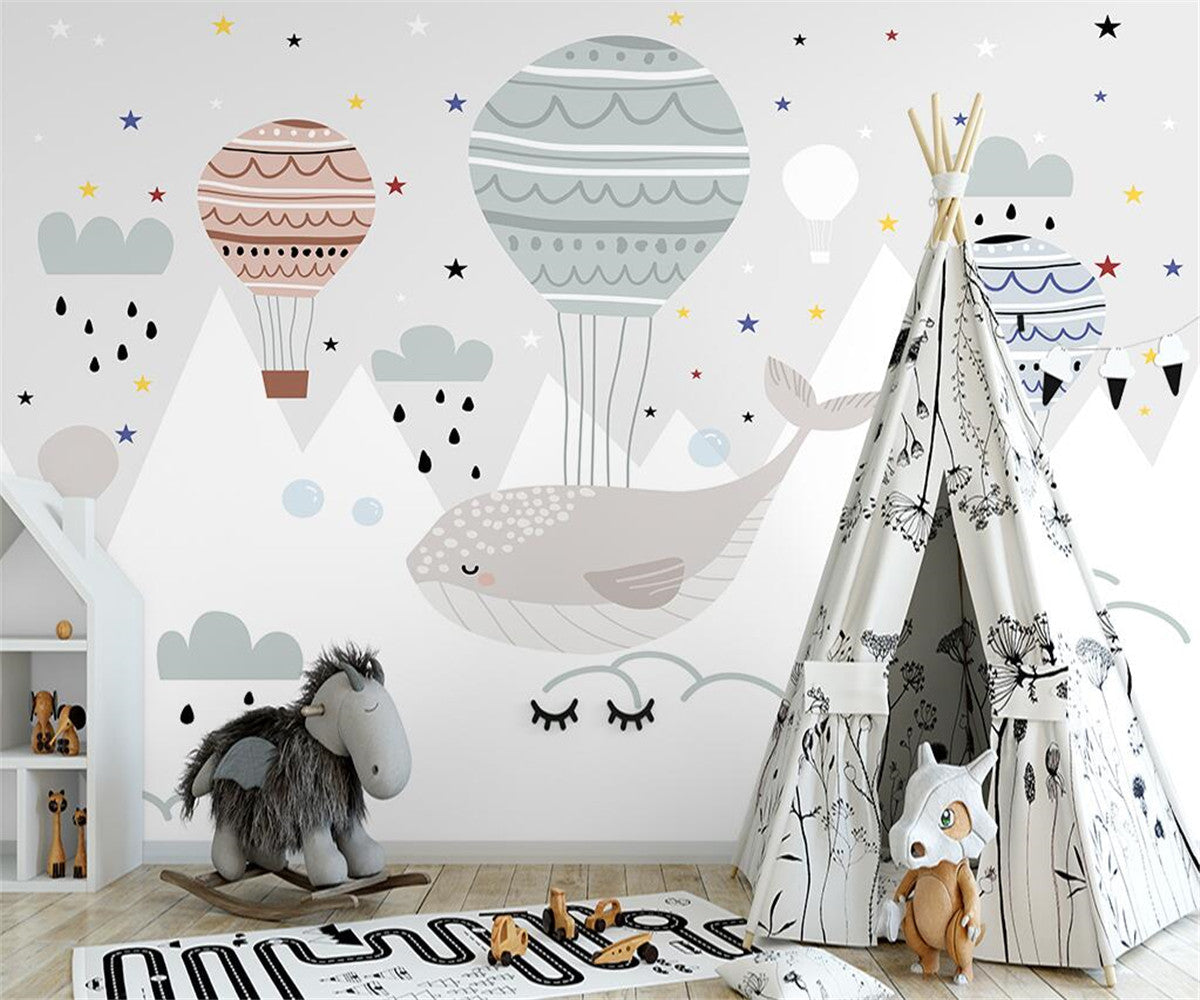 Whale and Hot Air Balloons Kids Room Wallpaper Mural - Playful Nursery Wall Decor for Boys & Girls Bedroom