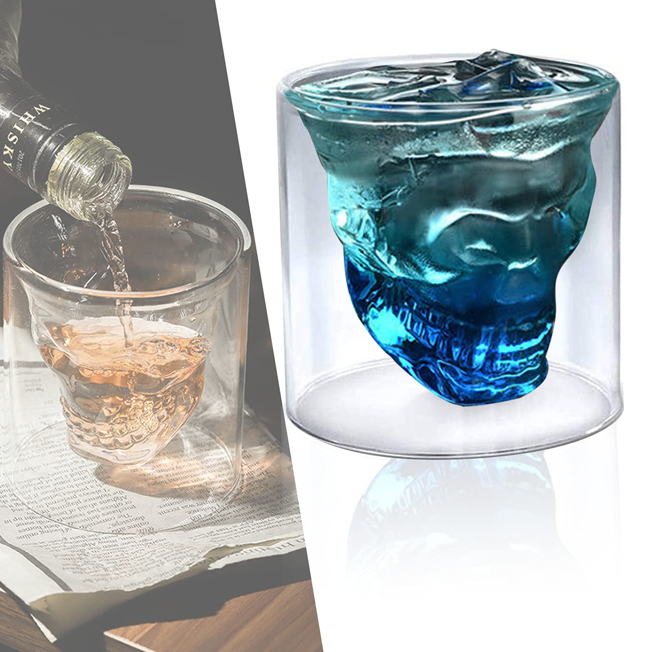 Rircio Double Layer Skull Whiskey Glass - 6oz (180ml) Unique Transparent Design Crystal Drinking Cup for Wine, Cocktail, Vodka & Beer - Perfect for Halloween Parties, Home Bar Decor & Gifts