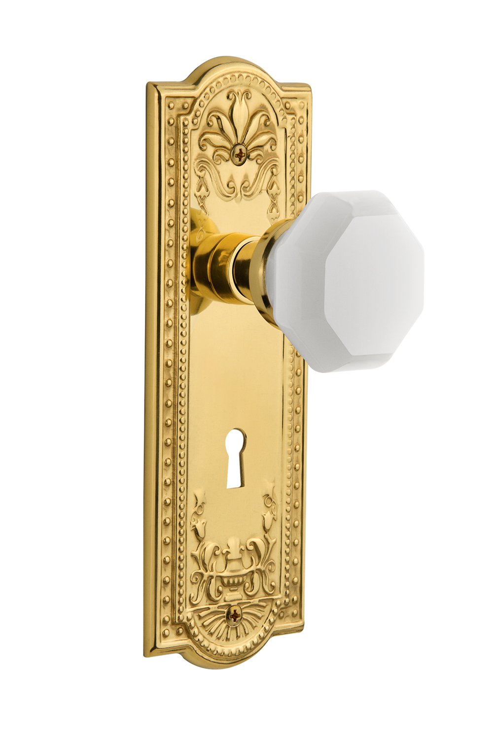 Vintage Waldorf White Milk Glass Knob - Nostalgic Warehouse 749364 Meadows Plate with Keyhole, Privacy-Backset Size 2.375