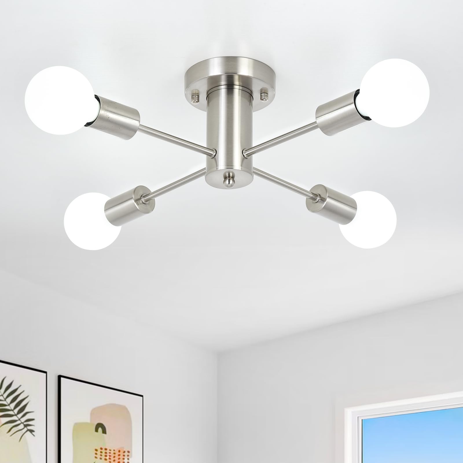 Brushed Nickel Semi Flush Mount Ceiling Light Fixture - 4-Light Farmhouse Chandelier with Chrome Accents for Kitchen, Dining Room, Living Room & Bedroom | Mid-Century Modern Design | Perfect for Farmhouse, Rustic & Contemporary Home Decor