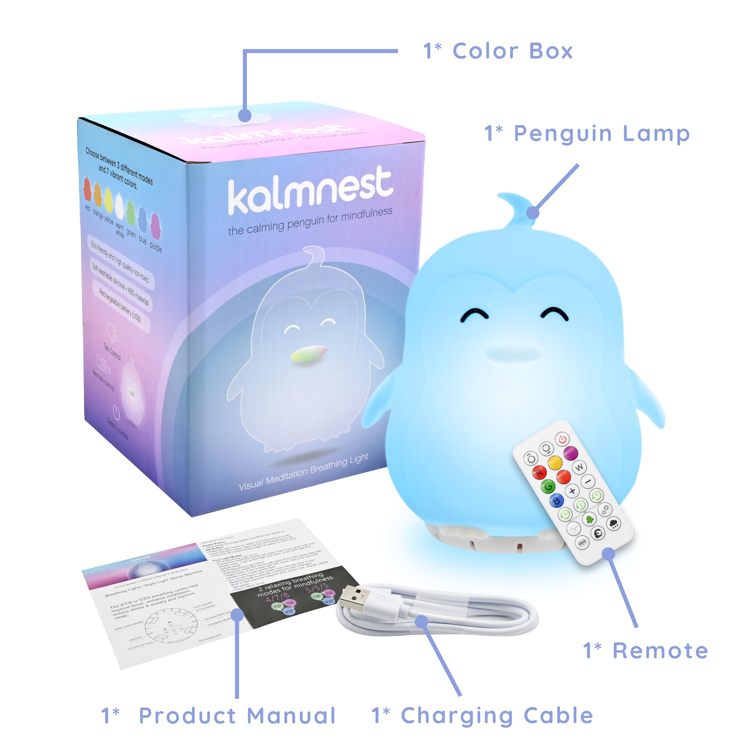 Mindfulness Breathing Penguin - 4/7/8 & 5/5/5/5 Guided Visual Meditation Device with LED Light & Soothing Sounds - 3-in-1 Anxiety Relief, Stress Reduction & Sleep Aid for Adults & Kids - Perfect for Bedtime, Yoga, ADHD Focus & Relaxation Gifts