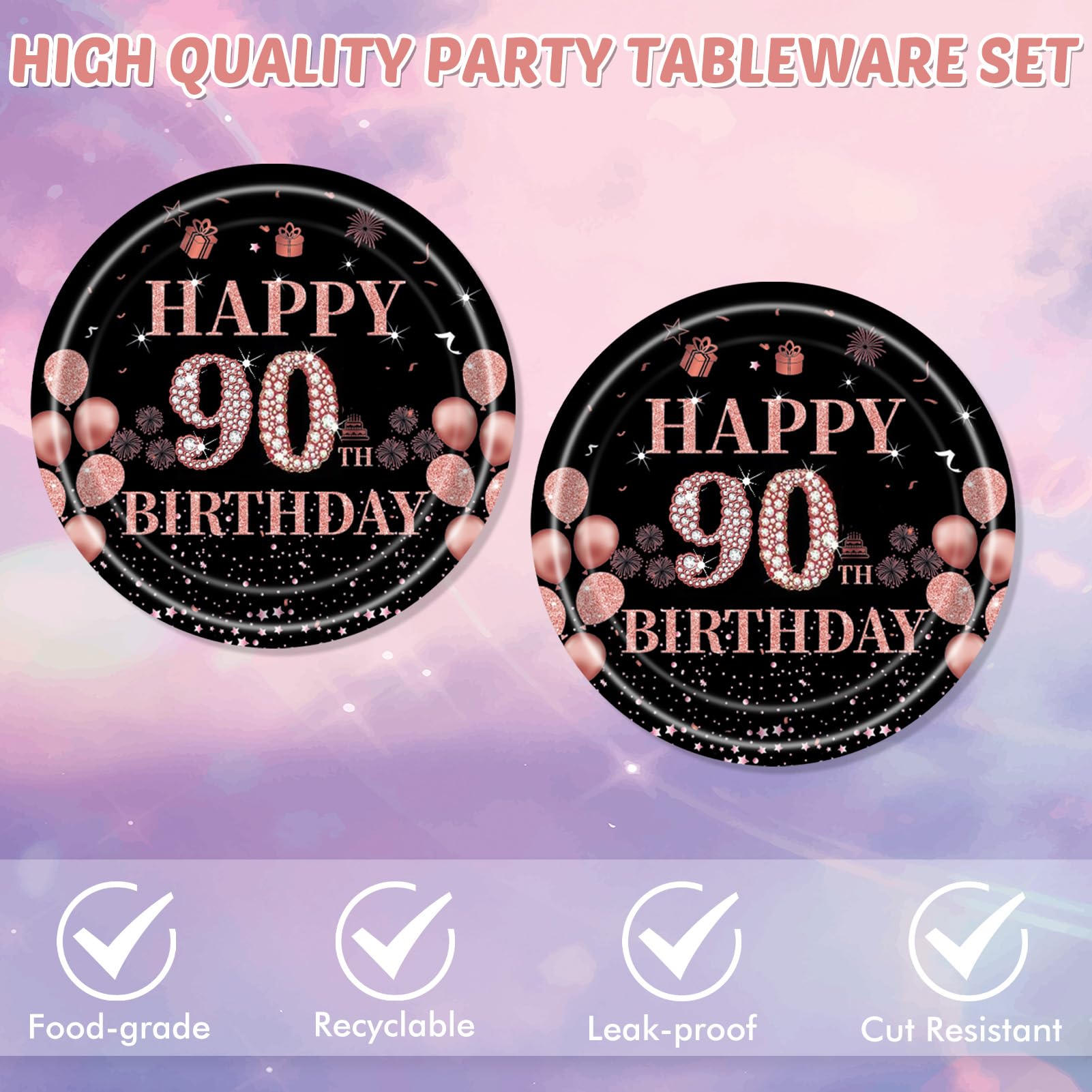 90th Birthday Party Decorations for Women - 40PCS Disposable Tableware Set with Plates & Napkins - Perfect for 90 Years Old Celebration, Milestone Birthday Party & Special Occasions