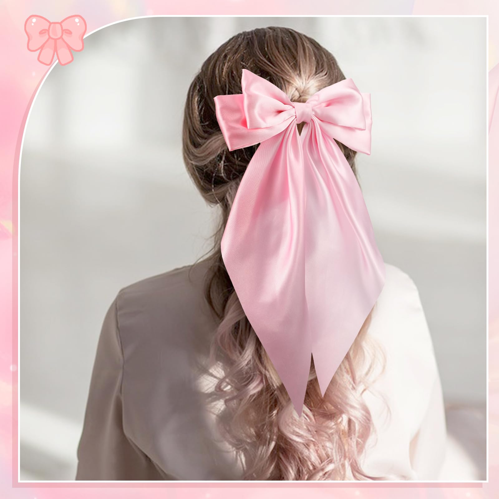 Large Pink Hair Bows for Women & Girls - 4 Pack Satin Hair Ribbons with Long Tails, Oversized Bow Clips & Barrettes - Perfect for Parties, Weddings, School & Everyday Hair Accessories