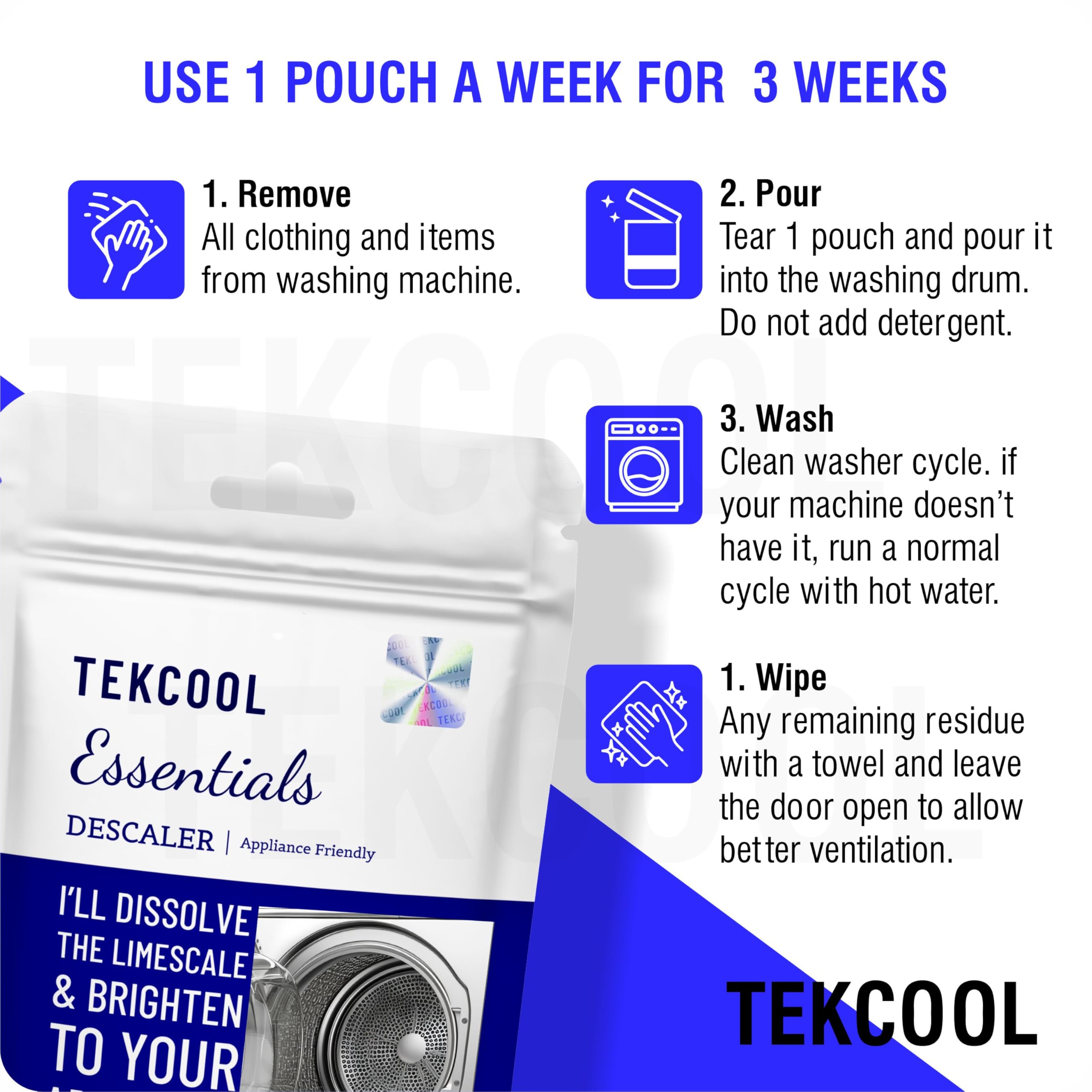 TEKCOOL Washing Machine Cleaner & Descaler - Front Load & Top Load Washer Cleaning Powder, Descaling Treatment (6-Pack, Blue) - Removes Odors, Limescale & Residue for Fresh, Efficient Laundry