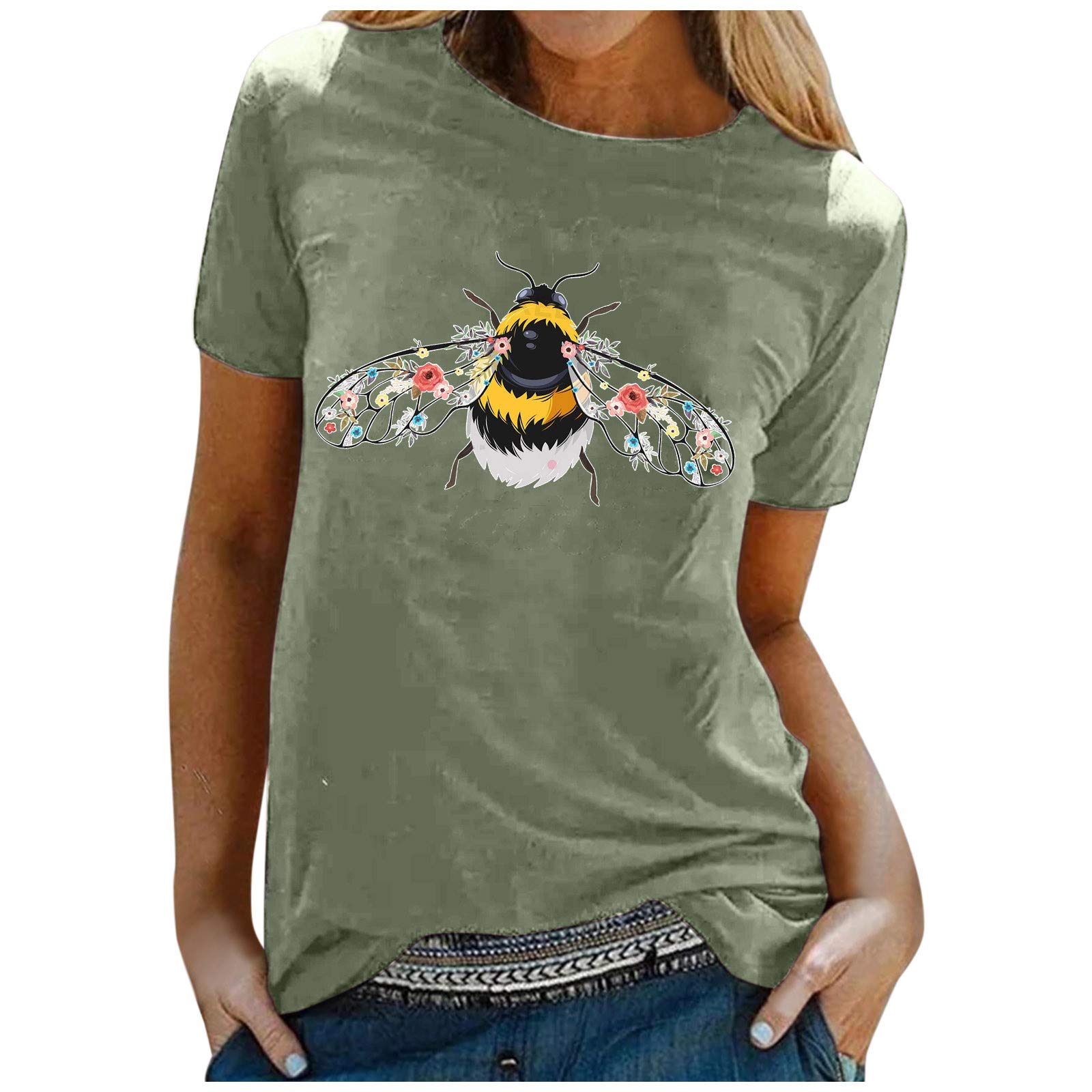Women's Bee Graphic T-Shirt - Cute Printed Round Neck Short Sleeve Casual Top for Summer | Perfect for Outdoor Activities, Beach Days & Casual Wear