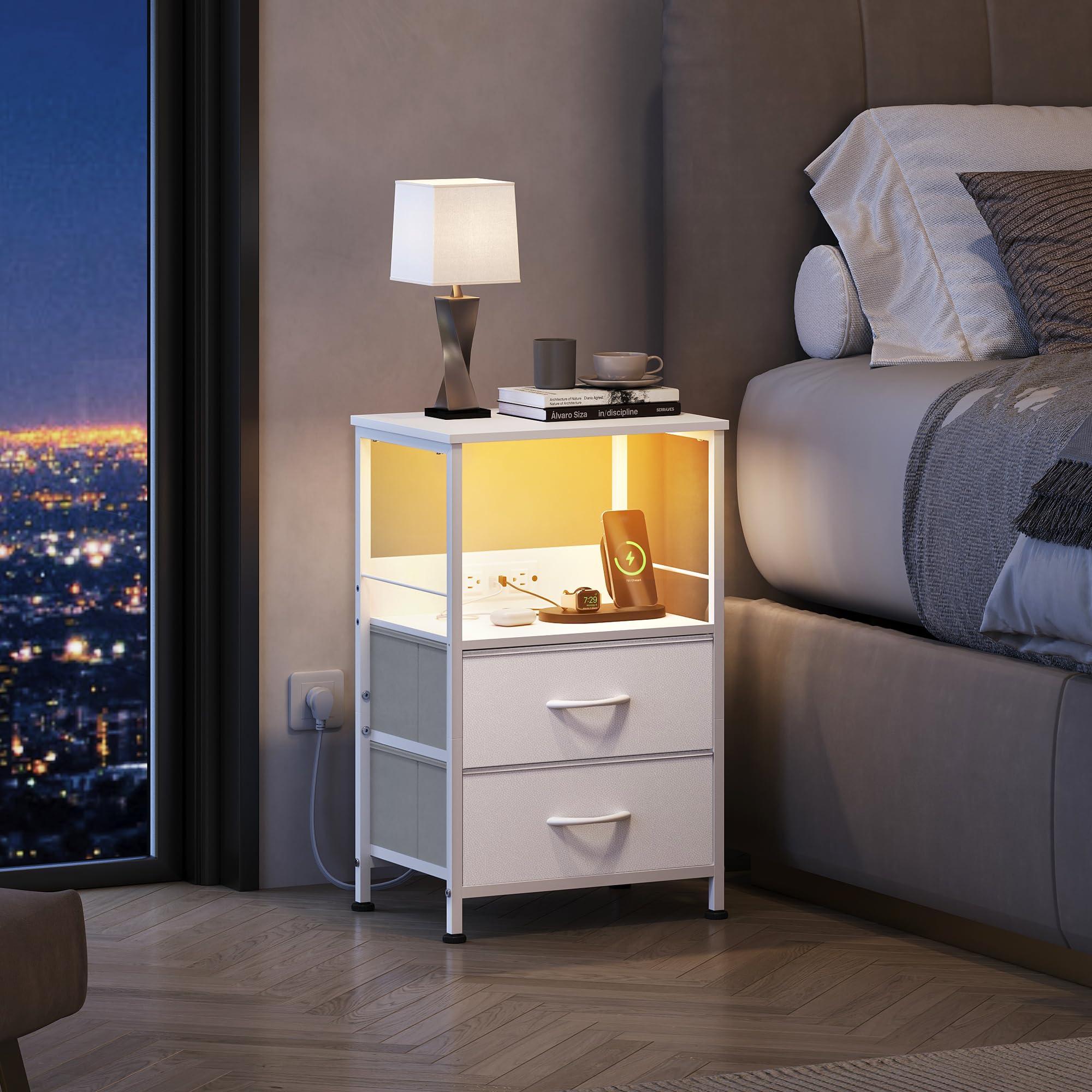 WLIVE White Night Stand with Charger Station - LED Nightstand with 2 Fabric Drawers & Storage Shelf - Bedside Table with 3 USB Ports & 2 Outlets - Small Dresser for Bedroom - Perfect for Charging Devices & Organizing Essentials in Modern Bedrooms