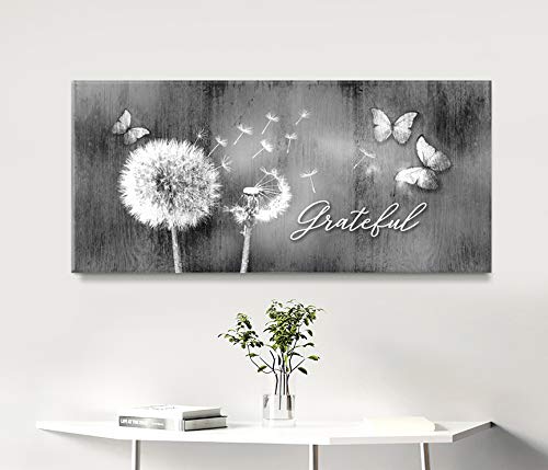 Grateful Dandelions Wall Art - Rustic Butterfly Decor for Bedroom - 60x27 Grey Canvas Painting - Perfect for Farmhouse, Boho & Living Room Wall Decor