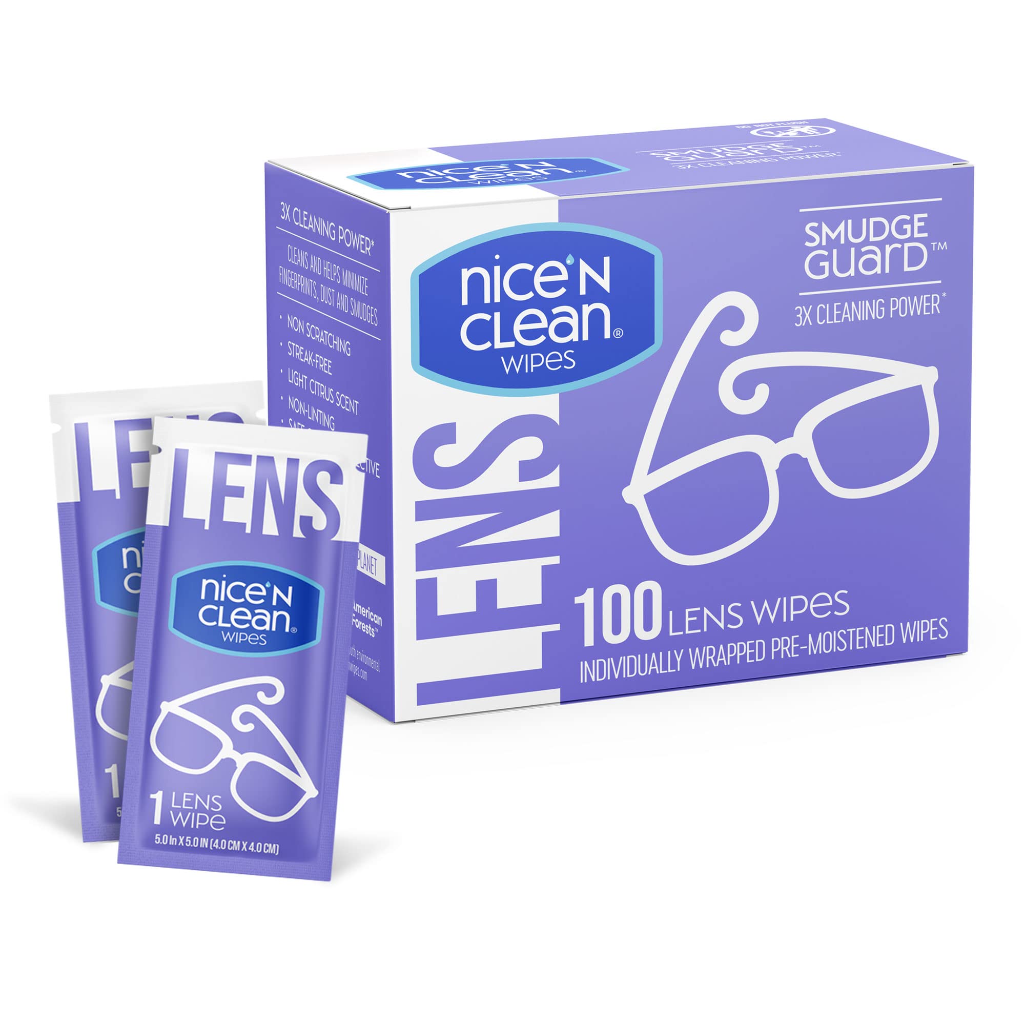 Nice 'n Clean SmudgeGuard Lens Cleaning Wipes (100 Count) | Pre-Moistened Wipes for Glasses, Sunglasses & Camera Lenses | On-The-Go Cleaning Solution