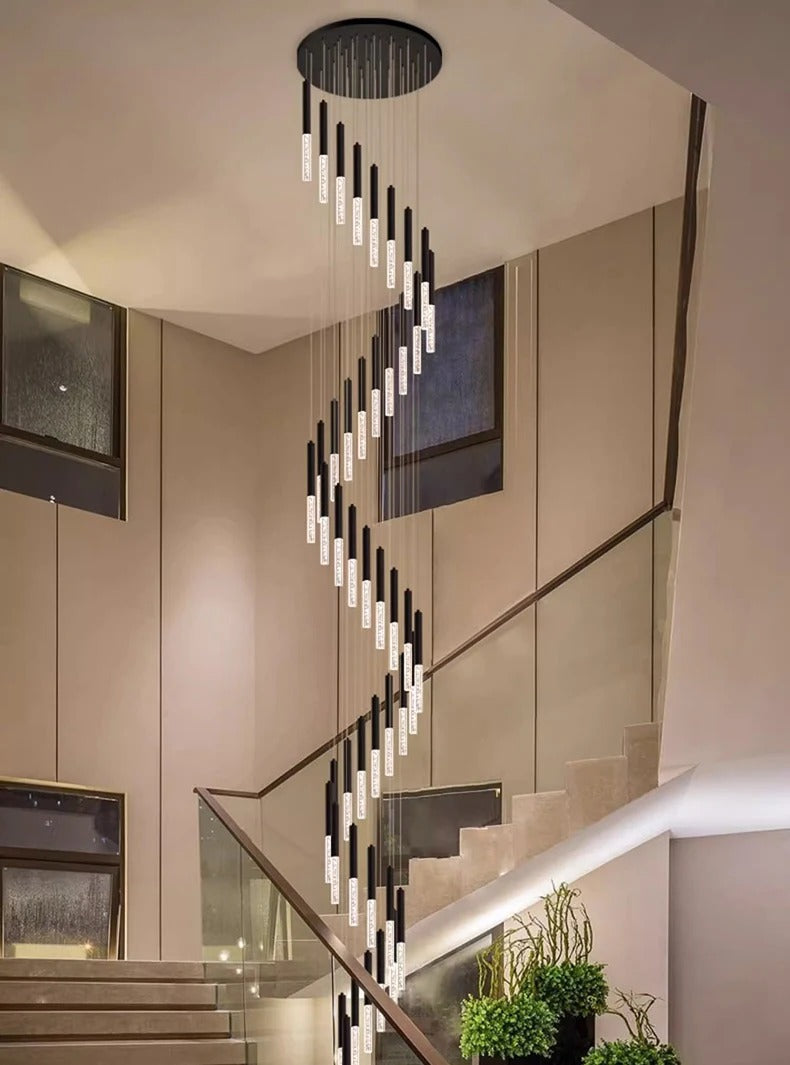 Elegant Crystal Tube Staircase Chandelier - Modern LED Lighting Fixture for Home & Foyer Decor | Perfect for Stairwells, Entryways, and Grand Halls