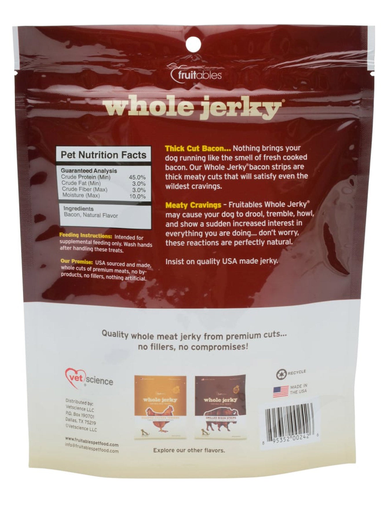 Fruitables Whole Jerky Dog Treats - Thick Cut Bacon Flavor, 5oz (140g) | Natural & Healthy Snacks for Dogs - Perfect for Training, Rewards & Dental Health