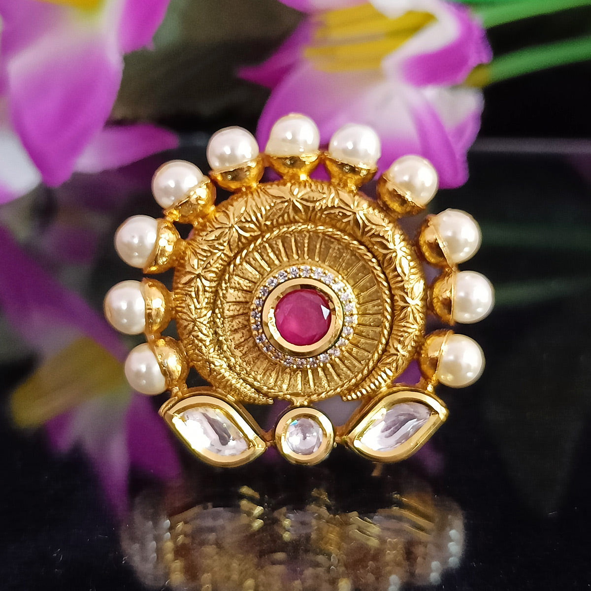 Luxury Gold Plated Royal Kundan Pearl Beaded Ring for Women - Elegant Indian Jewelry for Weddings, Parties & Special Occasions | Design 157